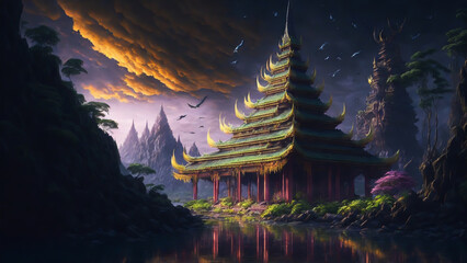 Picturesque temple is nestled in the tranquil embrace of the valley, with the warm hues of the evening light casting an enchanting glow upon its surroundings, creating an aura of mystery and allure.