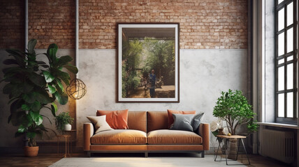 Stylish living room interior with big sofa, picture on the brick wall, mock up. Home decor idea, Interior design. template, generative ai