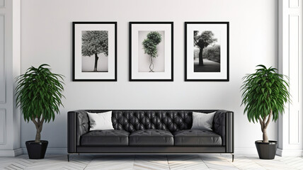 Living room interior with black sofa, three pictures on the wall, mock up. Home decor idea and Interior design. template, generative ai