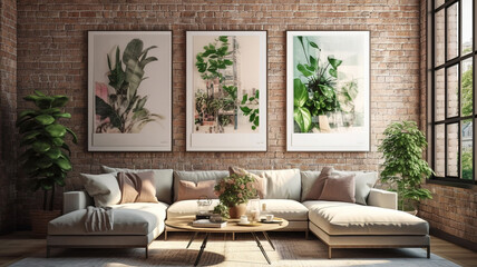 Stylish living room interior with big sofa, three pictures on the brick wall, mock up. Home decor. Interior design. template, generative ai