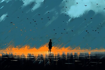 Obraz na płótnie Canvas Depression a solitary bird flying in a stormy sky. generative AI