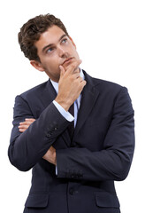 Thinking, idea and confused with business man on transparent background for news, question and...