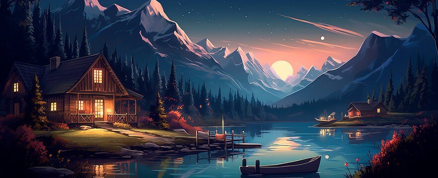 drawing, painting of natural scene with lake, forest, mountains, animals, stars in the night, romantic landscape