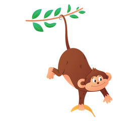 Cheerful monkey with a banana tail hanging on a liana branch. Vector isolated cartoon tropical animal chimpanzee.