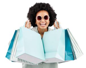 Portrait, shopping bag or happy black woman laughing with sunglasses isolated on transparent png background. Sales deals, face of wealthy customer or funny rich girl with retail products for fashion