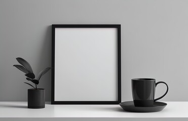 empty black frame and empty pencil cup on a coffee table, in the style of poster art, minimalist tendencies, generative ai