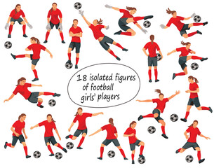 18 girl figures of women's football players and goalkeepers in red uniforms standing in the goal, running, hitting the ball, jumping