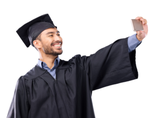 Isolated graduate man, selfie and college event with smile, photography and transparent png background. Young university student, graduation and profile picture for post update on social network app