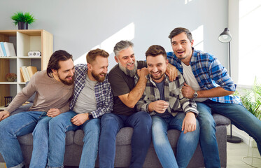 Portrait of a male bearded friends sitting on sofa, smiling and having fun at home in the living...