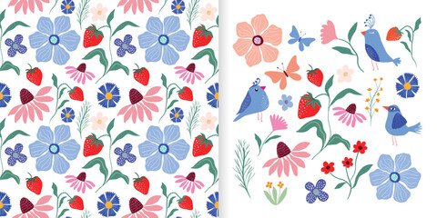 Summer floral set with seamless pattern and a collection with specific elements, flowers, strawberries , birds, butterflies, seasonal wallpaper, decorative background