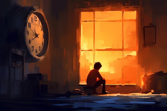 Depression a clock with hands stuck at midnight. generative AI