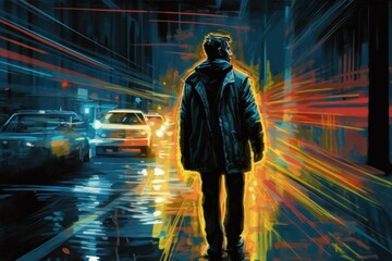 Obraz na płótnie Canvas Digital painting of a young man in a leather jacket standing in the city at night