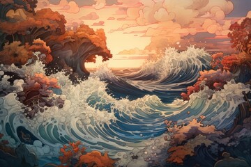3D illustration of a stormy ocean with stormy clouds and waves
