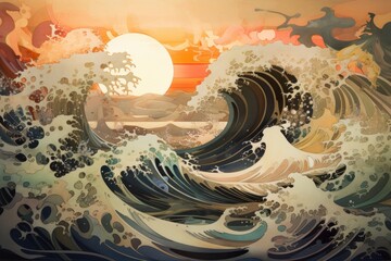 Abstract background with waves and sunset. Digital illustration. 3d rendering