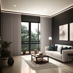 Stylish modern living room interior design. Bright room with stylish gray walls. Large sofa, decor and table. generative AI