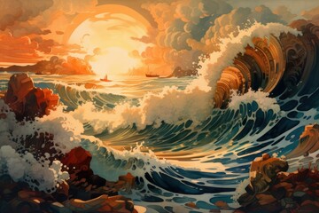 Sea landscape with big waves at sunset. Digital painting. Illustration.