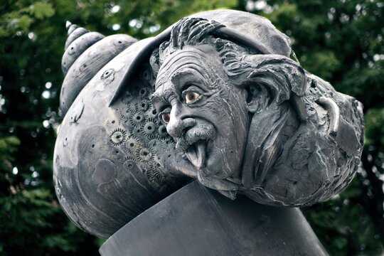 Ulm, Baden-wuerttemberg, Germany - June 16, 2023: Close up of Albert Einstein monument-fountain in Ulm,  albert einsteins birthplace.	
