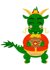 Cute chinese zodiac green dragon holding a bag of gold coins