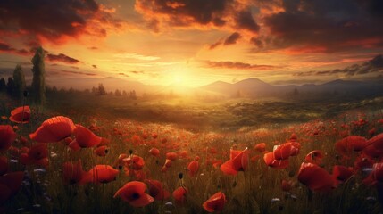 Beautiful sunset over a field of red poppies.