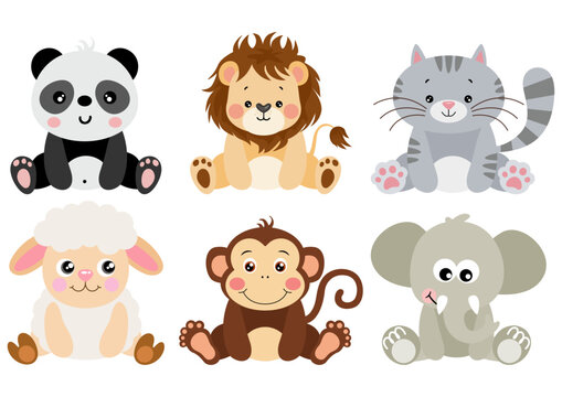 Set of digital elements with cute animals