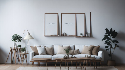 Japandi minimalist living room beige with frame mockup in white and brown tones. sofa, rattan furniture, and wallpaper. design of a farmhouse interior.