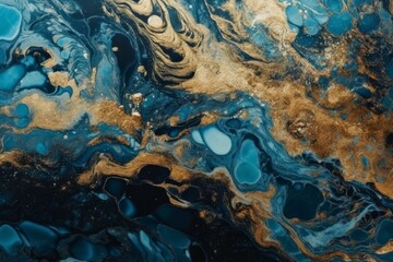Marbled blue abstract background with golden sequins. Liquid marble ink pattern