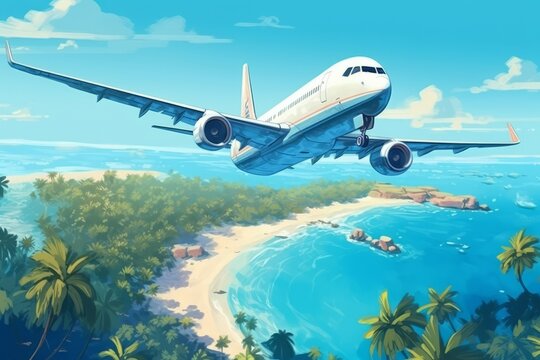 Airplane flying over the tropical island. 3d render illustration.