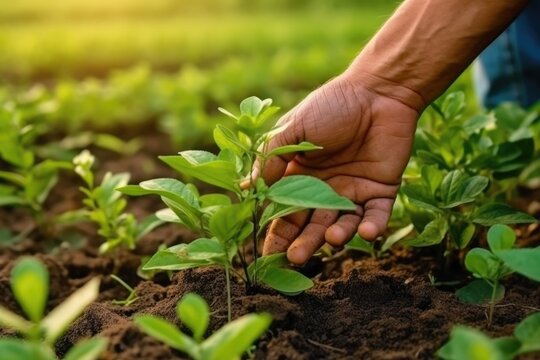 Farmer hand touching plants crop at farm, AI Generative