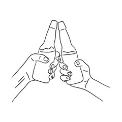 Two hands holding beer bottles. Icons sketch hand made. Vector.