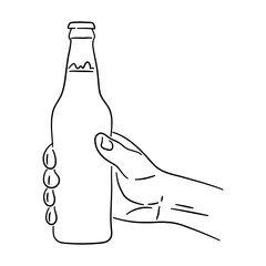Hand holding a bottle beer in hand drawn design. Oktoberfest symbol. Vector.