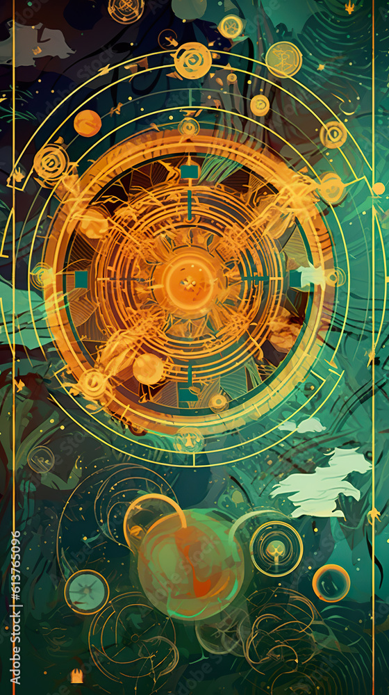 Poster a painting of a clock surrounded by planets. generative ai.