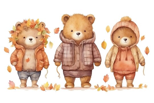 Fototapeta set of cute bears character in warm autumn season painted in watercolor on a white isolated background. Generative AI