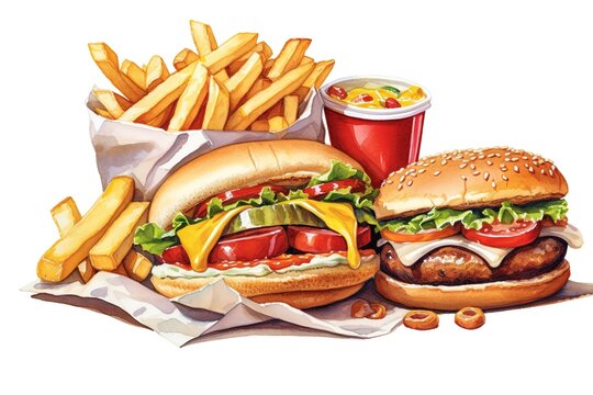 A collection of junk food including a burger, fries, and a hot dog painted in watercolor on a white isolated background. Generative AI