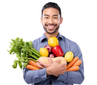 Man, holding vegetables and fruits in portrait on sale, smile and sustainable food by transparent png background. Isolated businessman, grocery and vegetable discount for health, nutrition and diet