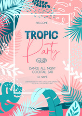 Summer disco party poster with tropic leaves. Summertime background. Vector illustration