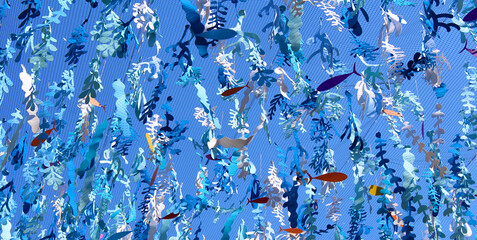 Plastic seaweed and fish garlands on blue sky background © Brad Pict