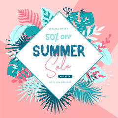 Summer big sale tropical poster with tropic leaves. Summertime background. Vector illustration