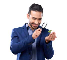 Business man, magnifying glass and plant growth with analysis isolated on transparent png background. Search, investigation and knowledge with ecology, investment and attention with male employee