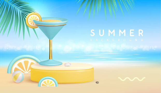 Summer beach background with 3d stage and cocktail blue lagoon. Colorful summer scene. Vector illustration