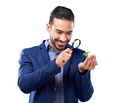 Business man, magnifying glass and plant growth with analysis isolated on transparent png background. Search, investigation and knowledge with ecology, investment and attention with male employee