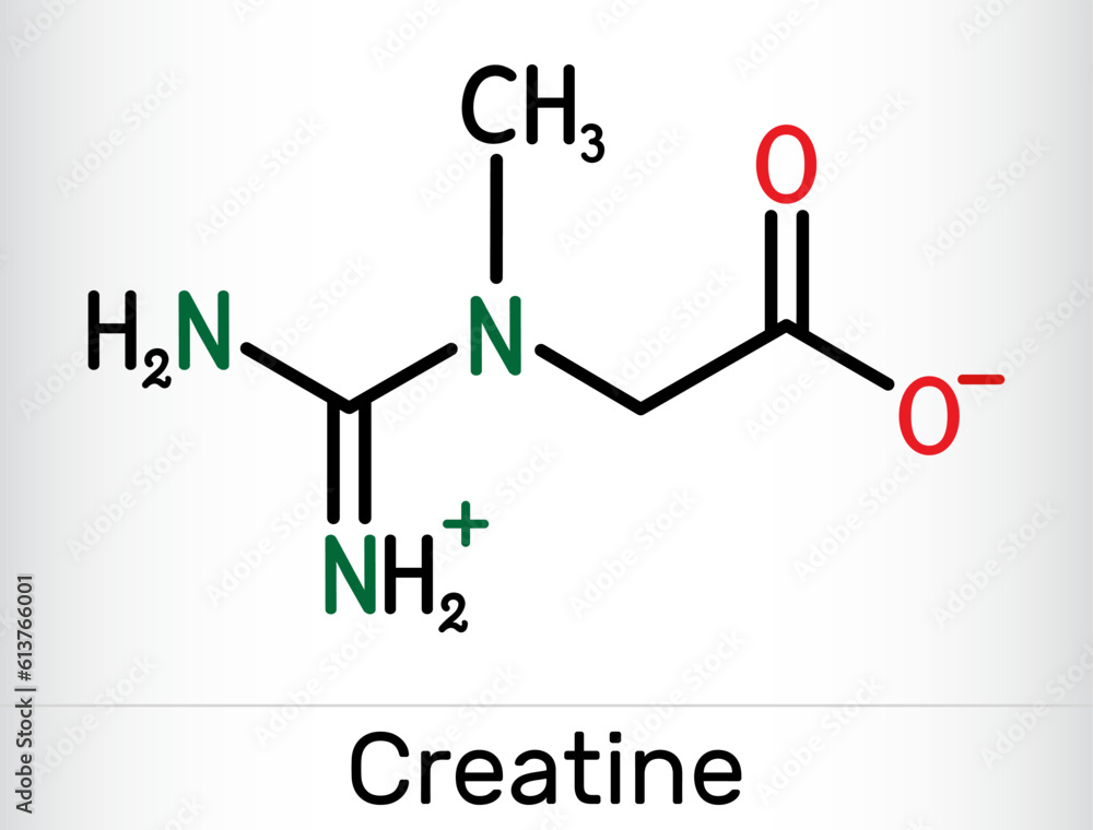 Poster Creatine molecule, food supplements. Structural chemical formula.