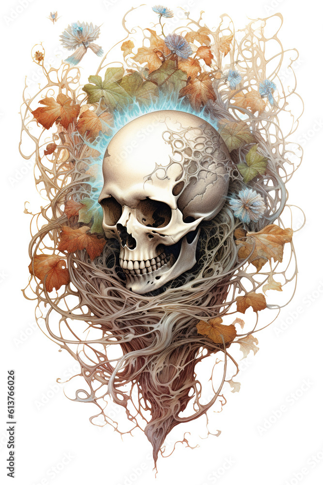 Poster a skull in a nest with leaves and flowers. generative ai.
