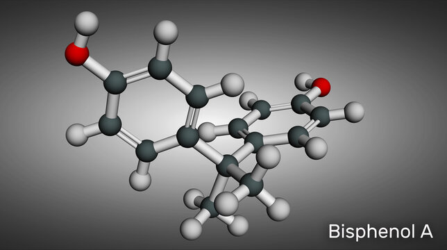 Bisphenol A, BPA, C15H16O2 molecule. It is precursor to polycarbonate plastics and epoxy resins. Molecular model.. 3D rendering