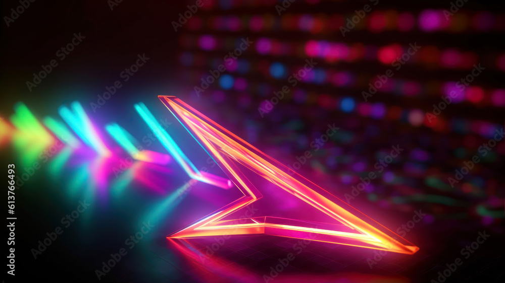 Poster 3d rendering of a neon arrow on a black background with colorful lights generative ai