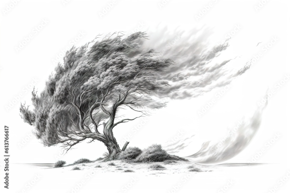 Poster drawing tree in strong wind isolated on white background. ai generated.