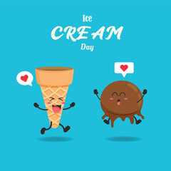 National ice cream day vector illustration for greeting card, poster and banner with Waffle cone and Chocolate Cream Character