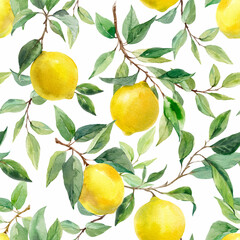 Beautiful seamless pattern with hand drawn watercolor yellow lemons on branches with leaves. Stock illustration.