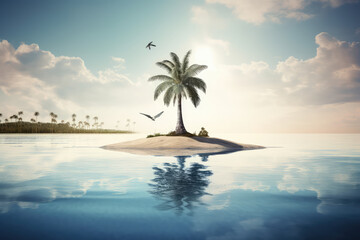 Fototapeta na wymiar Small tropical sandy island with one palm surrounded by the blue waters of ocean. A beautiful bright blue summer sunny sky. Creative concept of summer. Generative AI 3d render illustration imitation.