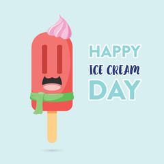 National ice cream day vector illustration for greeting card, poster and banner with Strawberry ice stick character wearing scarf