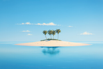 Fototapeta na wymiar Small tropical sandy island surrounded by the blue waters of the ocean. A beautiful bright blue summer sunny sky. Creative concept of summer day. Generative AI 3d render illustration imitation.